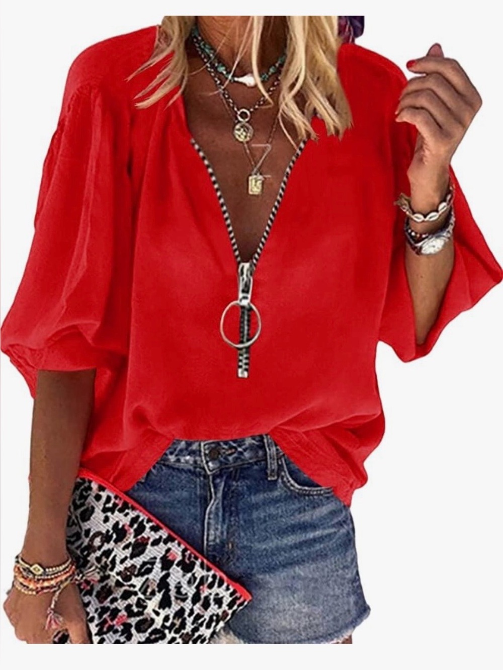 Cnkwei Women’s Red  V Neck Lantern Sleeve  Zipper Design Loose Fit Blouse